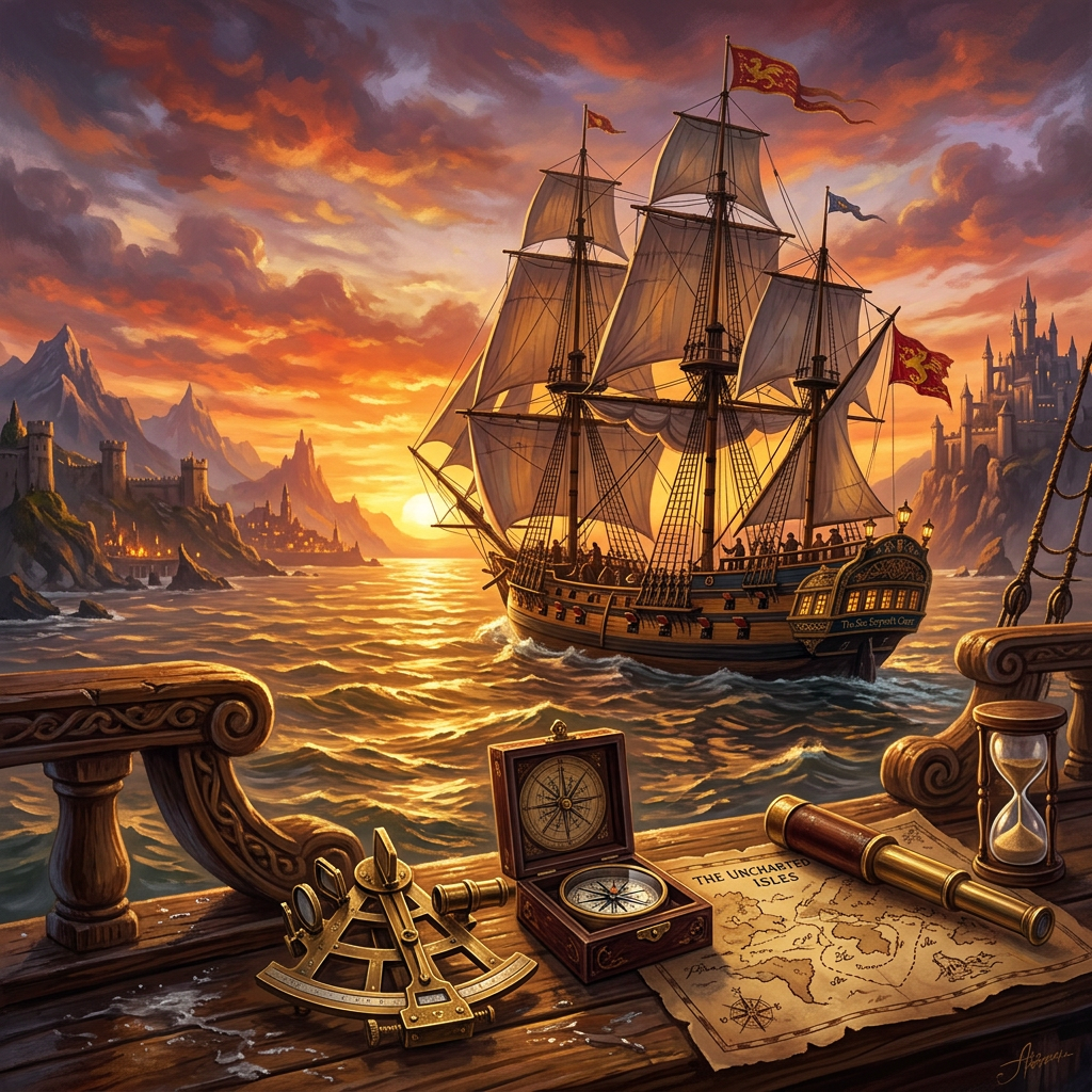 Pirate ship sailing at sunset near castles with compass, map, telescope, and sextant on wooden deck.