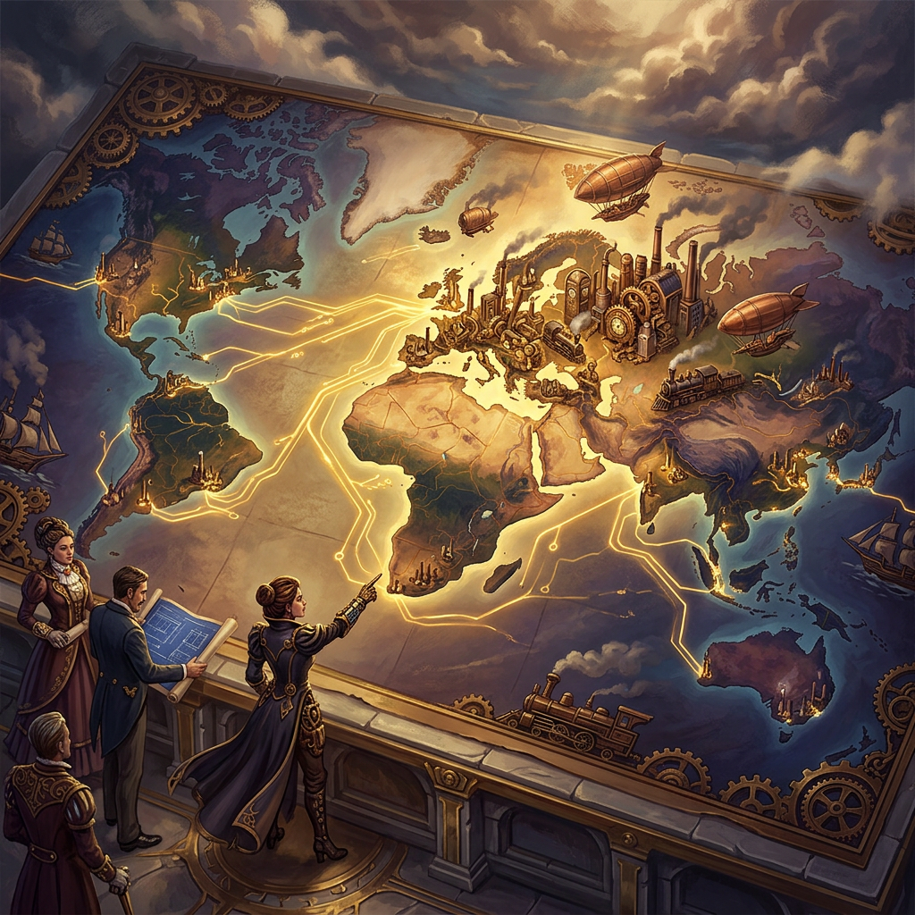 World map showing industrial revolution era factories, steam engines, airships, and glowing trade routes