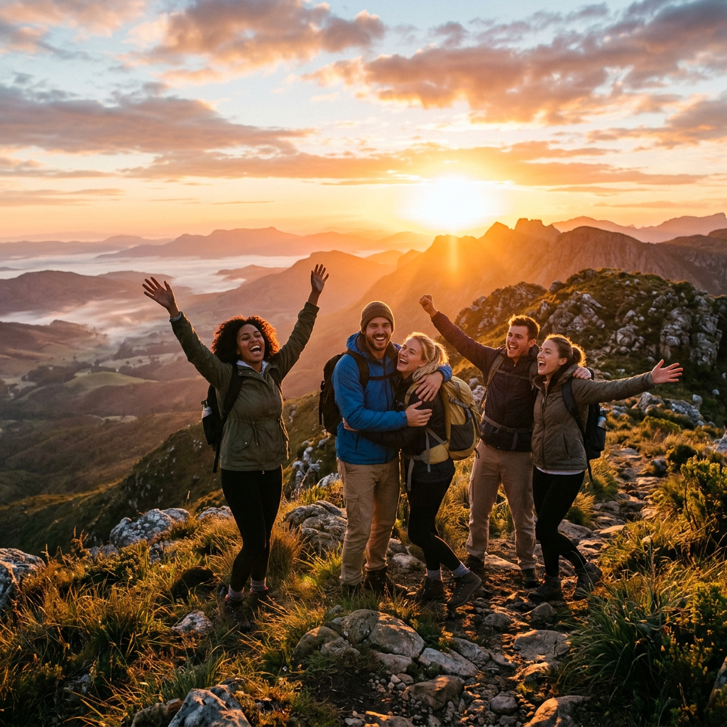 Five hikers celebrating together on a rocky mountain peak at sunset
