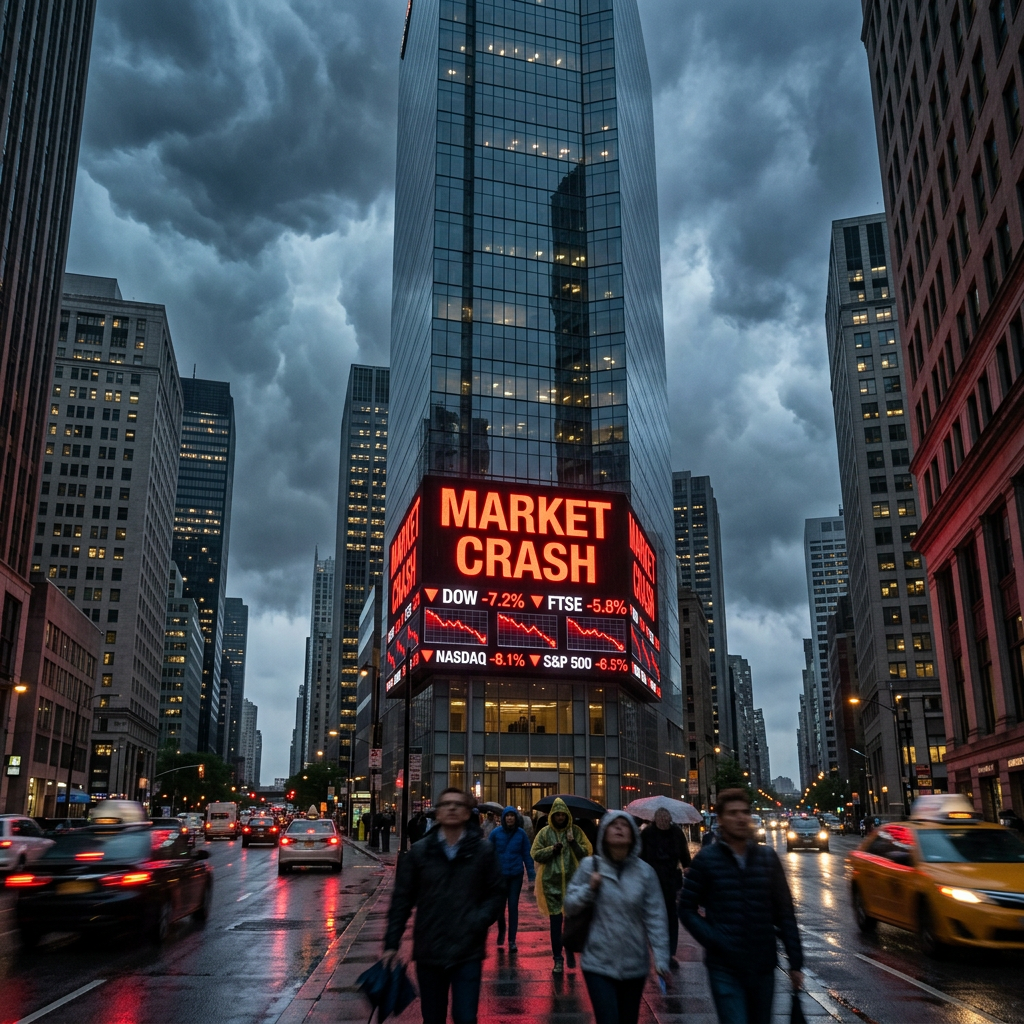 Digital billboard showing 'MARKET CRASH' with stock index declines on city street at dusk